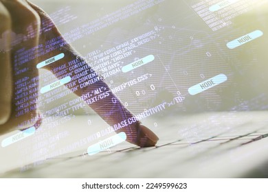 Double exposure of abstract programming language hologram with world map and hands typing on laptop on background, research and development concept