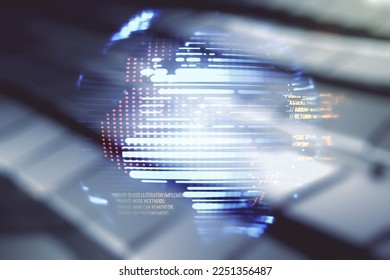 Double exposure of abstract programming language hologram and world map on blurry metal background, research and development concept