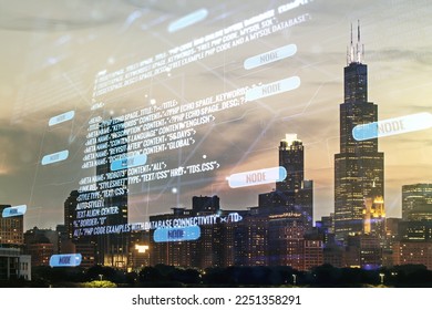 Double exposure of abstract programming language interface on Chicago city skyscrapers background, research and development concept