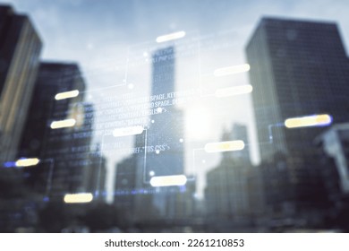 Double exposure of abstract programming language interface on modern skyscrapers background, research and development concept