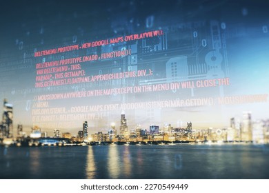 Double exposure of abstract programming language interface on Chicago city skyscrapers background, research and development concept