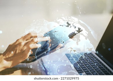 Double exposure of abstract programming language hologram with world map and finger clicks on a digital tablet on background, research and development concept