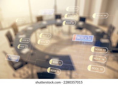 Double exposure of abstract programming language interface on a modern meeting room background, research and development concept