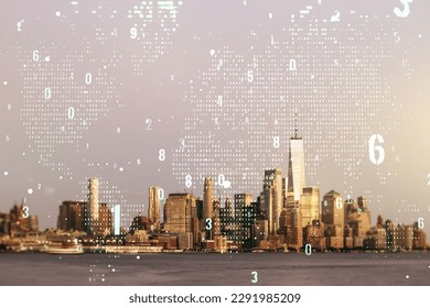 Double exposure of abstract programming language hologram and world map on New York city skyscrapers background, research and development concept