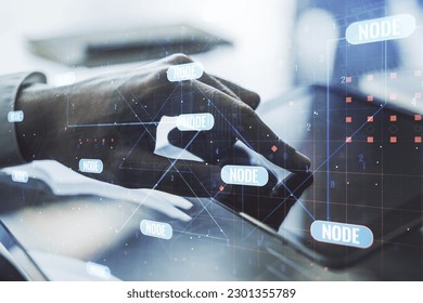 Double exposure of abstract programming language hologram with finger clicks on a digital tablet on background, research and development concept
