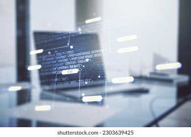 Double exposure of abstract programming language on laptop background, research and development concept - Powered by Shutterstock - Get 15% off with code: PIKWIZARD15