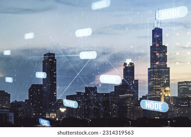 Double exposure of abstract programming language interface on Chicago city skyscrapers background, research and development concept