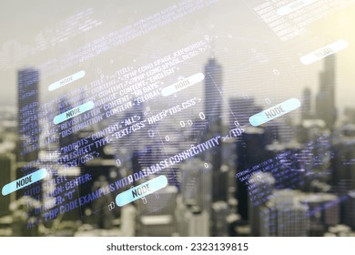 Double exposure of abstract programming language hologram and world map on blurry cityscape background, research and development concept