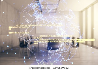 Double exposure of abstract programming language hologram and world map on a modern meeting room background, research and development concept