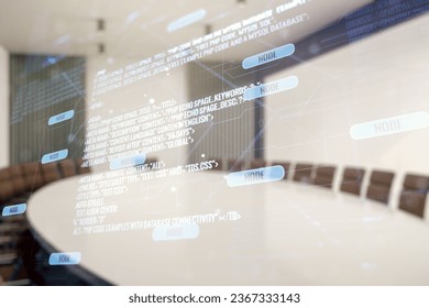 Double exposure of abstract programming language interface on a modern meeting room background, research and development concept