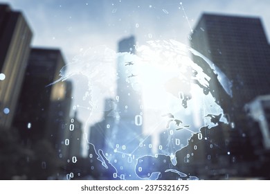 Double exposure of abstract programming language hologram and world map on modern skyscrapers background, research and development concept