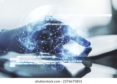 Double exposure of abstract programming language hologram with world map and finger clicks on a digital tablet on background, research and development concept