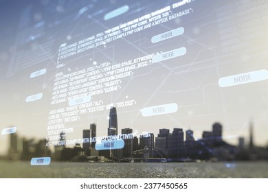 Double exposure of abstract programming language interface on San Francisco city skyscrapers background, research and development concept
