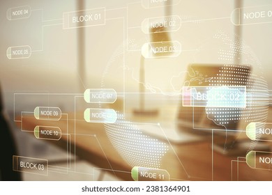 Double exposure of abstract programming language with world map on laptop background, research and development concept
