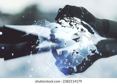 Double exposure of abstract programming language hologram with world map and finger clicks on a digital tablet on background, research and development concept