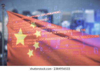 Double exposure of abstract programming language interface on flag of China and blurry skyscrapers background, research and development concept