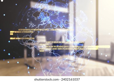 Double exposure of abstract programming language with world map and modern desktop with laptop on background, research and development concept