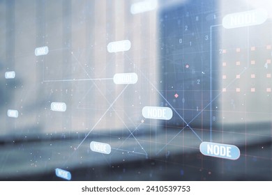 Double exposure of abstract programming language interface on modern business center exterior background, research and development concept