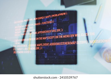 Double exposure of abstract programming language hologram and digital tablet on background, top view, research and development concept