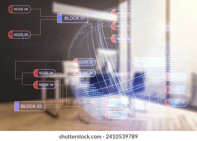 Double exposure of abstract programming language with world map and modern desktop with laptop on background, research and development concept
