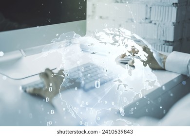 Double exposure of abstract programming language hologram with world map and hands typing on laptop on background, research and development concept
