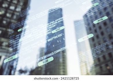 Double exposure of abstract programming language interface on modern skyscrapers background, research and development concept