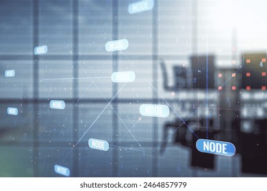 Double exposure of abstract programming language interface on a modern meeting room background, research and development concept
