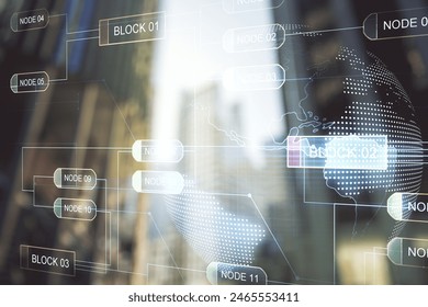 Double exposure of abstract programming language hologram and world map on modern skyscrapers background, research and development concept