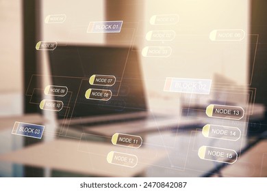 Double exposure of abstract programming language on laptop background, research and development concept