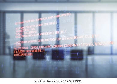 Double exposure of abstract programming language interface on a modern meeting room background, research and development concept - Powered by Shutterstock - Get 15% off with code: PIKWIZARD15
