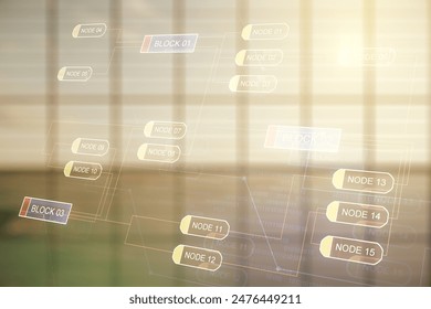 Double exposure of abstract programming language interface on empty modern office background, research and development concept