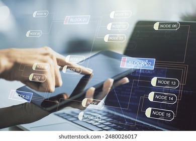 Double exposure of abstract programming language hologram with finger clicks on a digital tablet on background, research and development concept