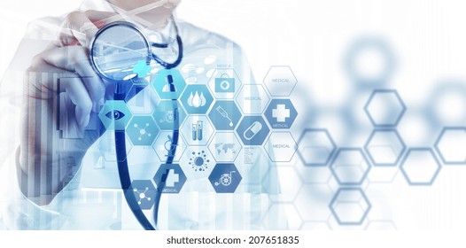 Double Exposure Of Abstract Smart Medical Doctor Working With Operating Room As Concept 