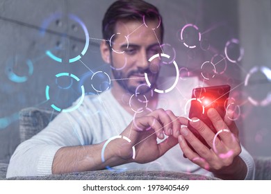 Double exposure. Abstract technology theme drawing hologram. A man typing mobile phone.