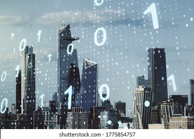 Double exposure of abstract virtual binary code hologram on New York city skyscrapers background. Database and programming concept - Powered by Shutterstock - Get 15% off with code: PIKWIZARD15