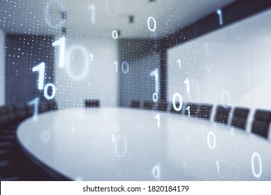 Double exposure of abstract virtual binary code hologram on a modern meeting room background. Database and programming concept