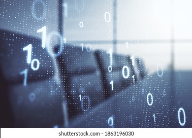 Double exposure of abstract virtual binary code hologram on a modern meeting room background. Database and programming concept