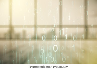 Double exposure of abstract virtual binary code hologram on empty modern office background. Database and programming concept