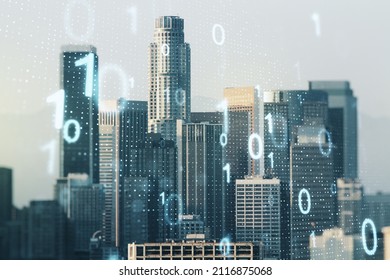 Double exposure of abstract virtual binary code hologram on Los Angeles city skyscrapers background. Database and programming concept - Powered by Shutterstock - Get 15% off with code: PIKWIZARD15