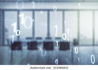 Double exposure of abstract virtual binary code hologram on a modern meeting room background. Database and programming concept - Powered by Shutterstock - Get 15% off with code: PIKWIZARD15