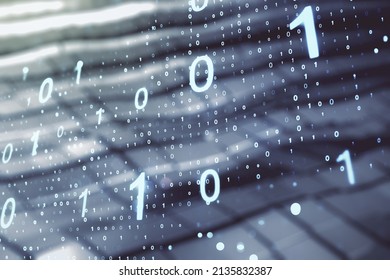 Double exposure of abstract virtual binary code hologram on blurry metal background. Database and programming concept