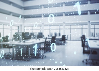 Double exposure of abstract virtual binary code hologram on modern corporate office background. Database and programming concept
