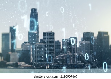 Double exposure of abstract virtual binary code hologram on San Francisco city skyscrapers background. Database and programming concept - Powered by Shutterstock - Get 15% off with code: PIKWIZARD15
