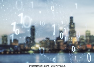 Double exposure of abstract virtual binary code hologram on blurry cityscape background. Database and programming concept