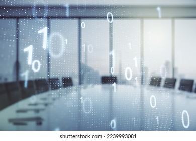 Double exposure of abstract virtual binary code hologram on a modern meeting room background. Database and programming concept - Powered by Shutterstock - Get 15% off with code: PIKWIZARD15