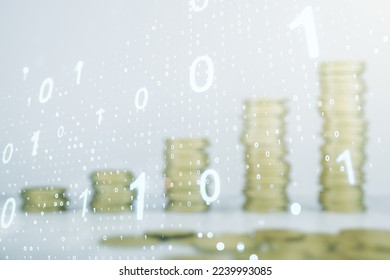 Double exposure of abstract virtual binary code hologram on growing stacks of coins background. Database and programming concept