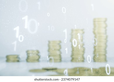 Double exposure of abstract virtual binary code hologram on growing stacks of coins background. Database and programming concept