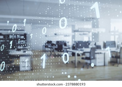 Double exposure of abstract virtual binary code hologram on modern corporate office background. Database and programming concept