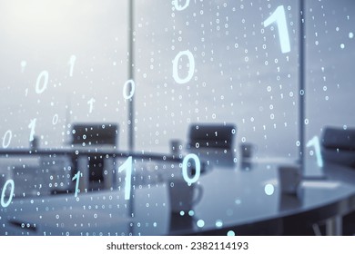 Double exposure of abstract virtual binary code hologram on a modern meeting room background. Database and programming concept