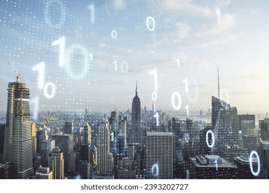 Double exposure of abstract virtual binary code hologram on New York city skyscrapers background. Database and programming concept